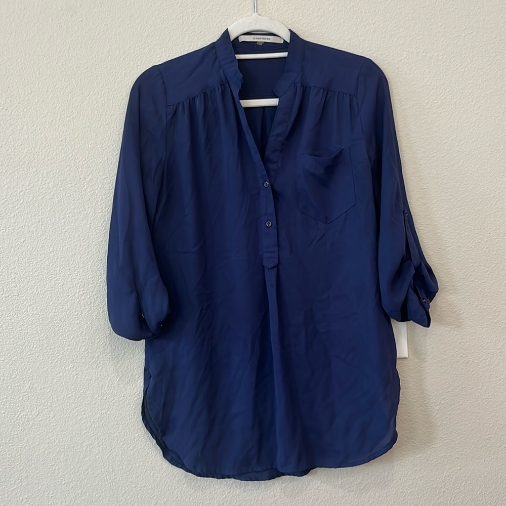 Royal/navy blue chiffon flowy top. Semi-sheer